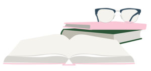 Illustration of open book in front of stack of books with a pair of glasses resting on top.
