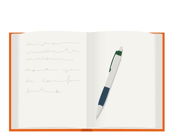 Illustration of a book open with a pen and some writing.