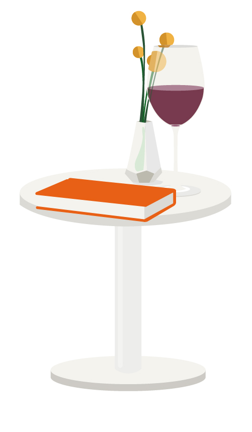 Illustration of book on a side table with a vase of yellow small flowers and a glass or red wine beside it.