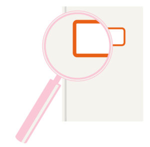 Illustration of a book cover with a magnifying glass enlarging a label on the front.