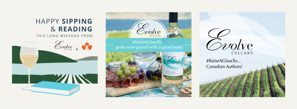 Grid of instagram posts with Evolve Cellars and The Canadian Book Club Awards Sponsorship